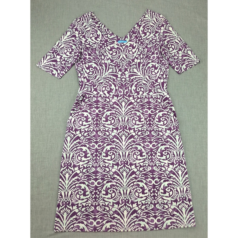 J.McLaughlin Purple White Damask V-Neck Sheath Dress Womens Size M Short Sleeve
